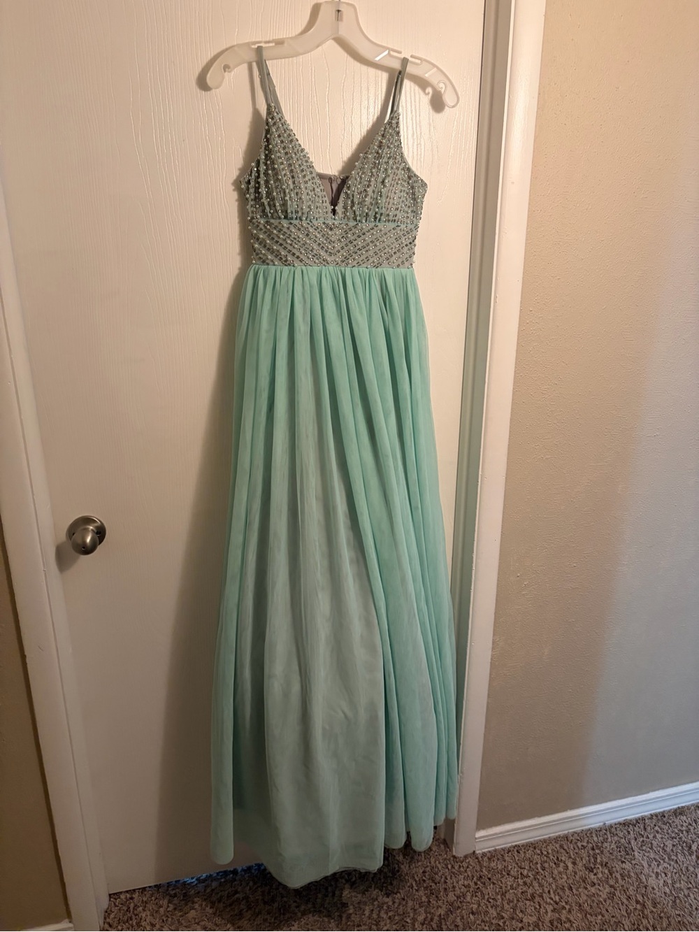 Speechless Mint Beaded V-Neck Prom Dress
